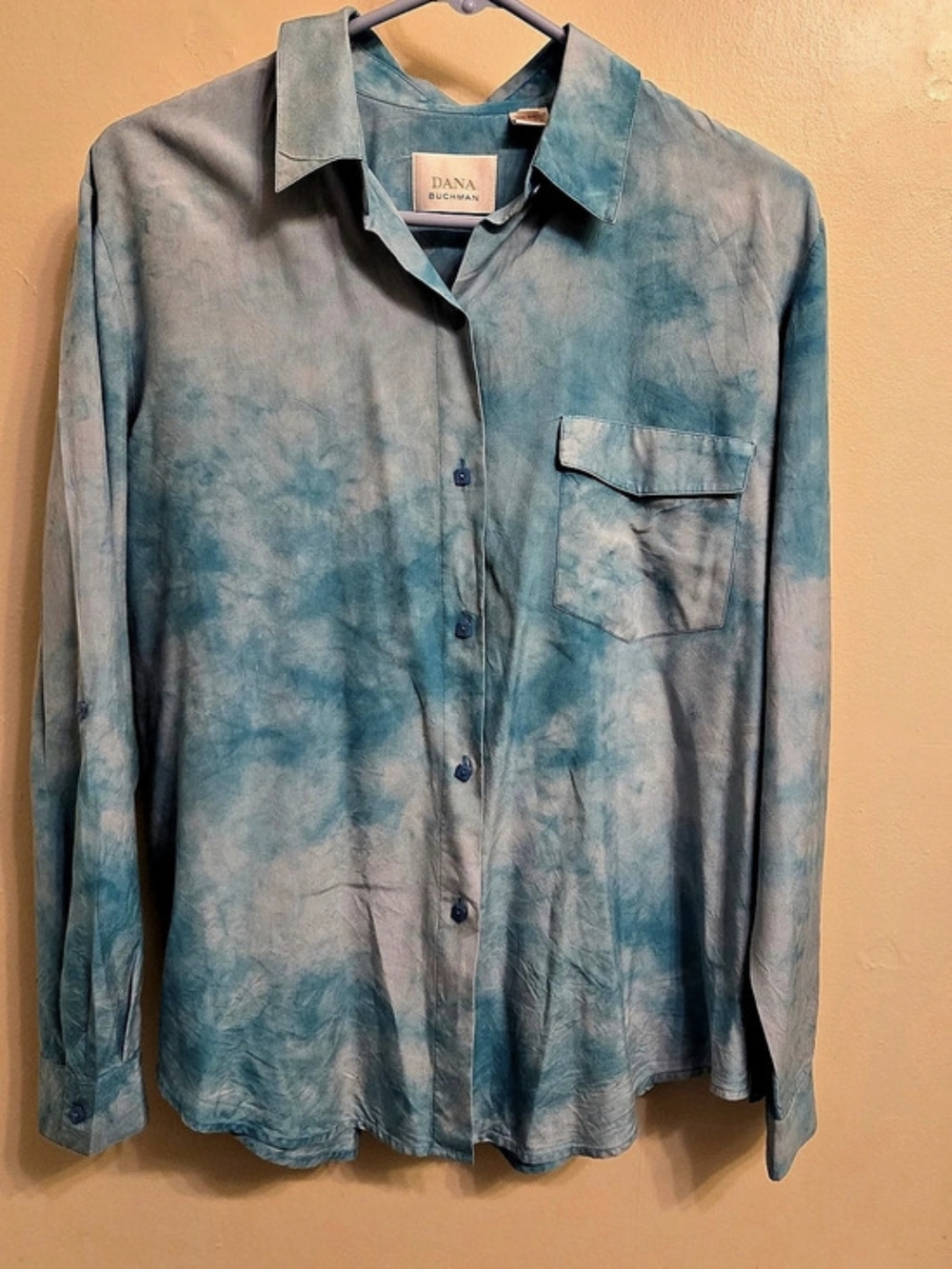 Vintage Y2K Dana Buchman Blue Tie Dye 100% Silk Blouse Size 8 Roll Tab Sleeves